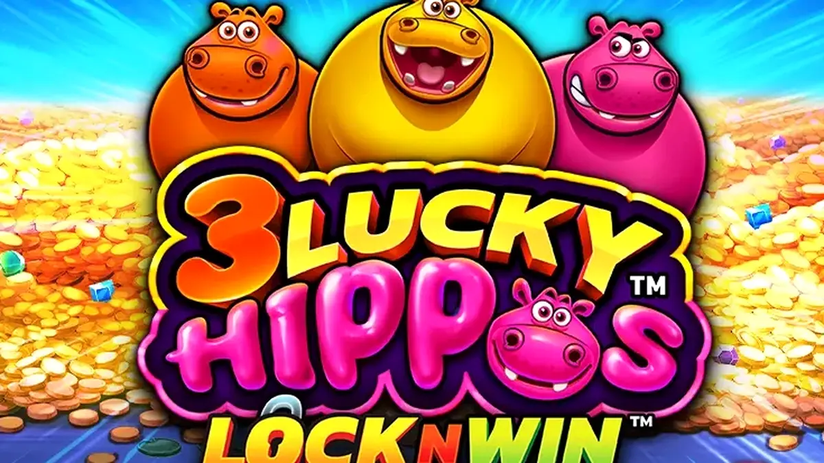 3 Lucky Hippos slot game interface na nagpapakita ng mga makukulay na hippos