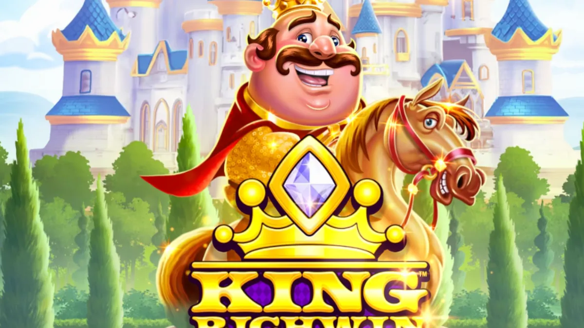 King Richwin slot game interface na may medieval na tema at makukulay na hiyas.